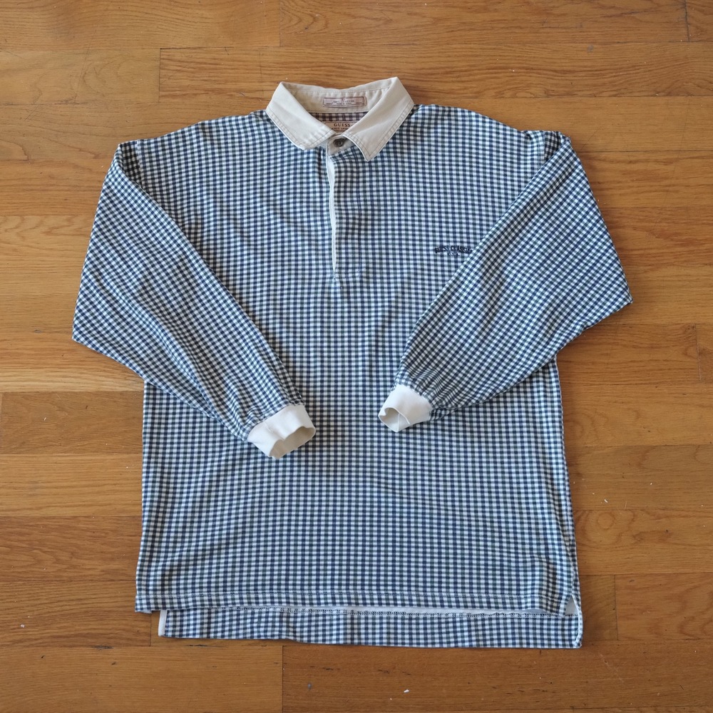 Guess Polo Shirt Womens Medium Green Navy Gingham Check‎ Long Sleeve Vintage M